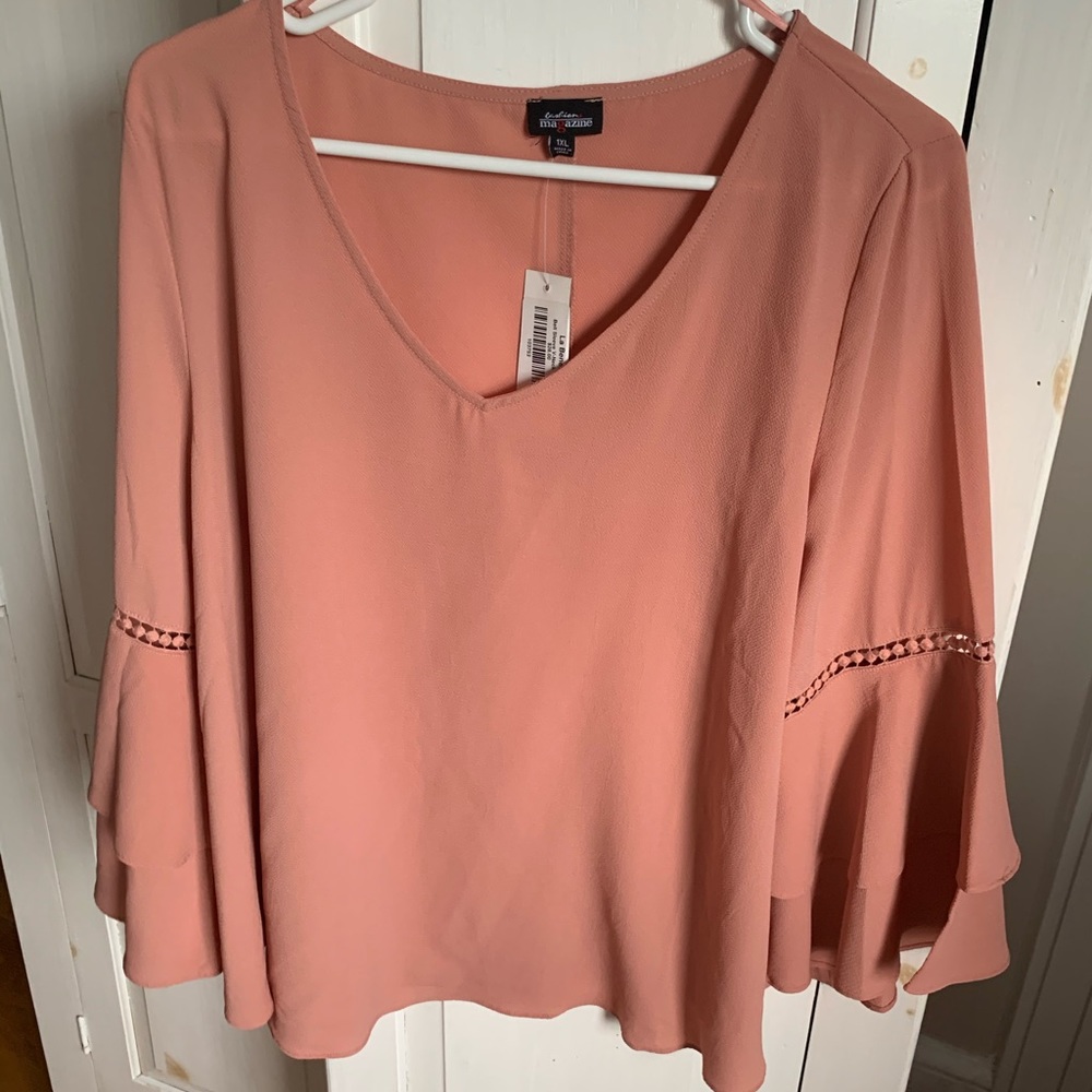 Trendy Blush Bell Sleeve V-Neck Blouse